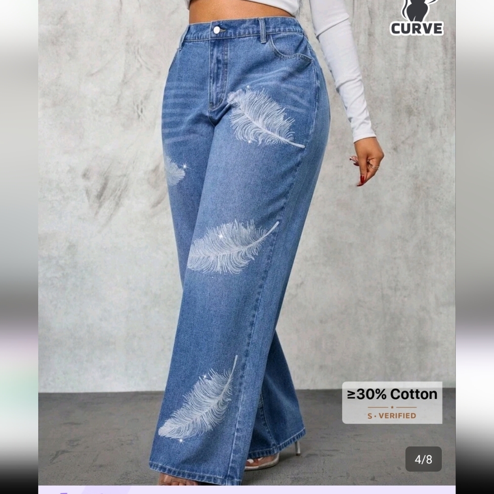 Women's Blue Feather Print Wide-Leg Jeans
